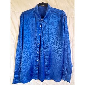 ZEROYAA Blue Baroque Pattern Long Sleeve Button Up Shirt Men's Size Medium